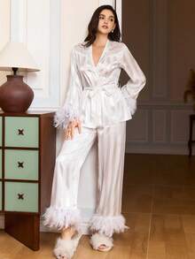 成熟优雅缎面条纹蕾丝羽毛饰边裹身式女士睡衣套装 - 白色 - 查看 5