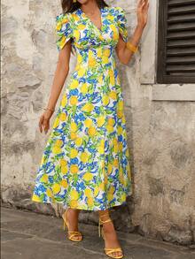 Ellevyn 女士新款优雅修身长裙，交叉领口，珍珠纽扣，泡泡袖，度假连衣裙，夏季新款连衣裙，女士连衣裙，度假夏季连衣裙，柠檬印花中长连衣裙，夏威夷风情连衣裙，泡泡袖连衣裙，送给妈妈的礼物，A字型女士度假连衣裙，女士夏季连衣裙，夏威夷连衣裙，女士短袖连衣裙 - 彩色 - 查看 6