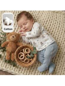 Loomiva Newborn Baby Boy/Girl Cartoon Bear Pattern Knit Soft Crew Neck Long Sleeve Top And Elastic Waist Long Pants 2-Piece Set - Blue - View 1