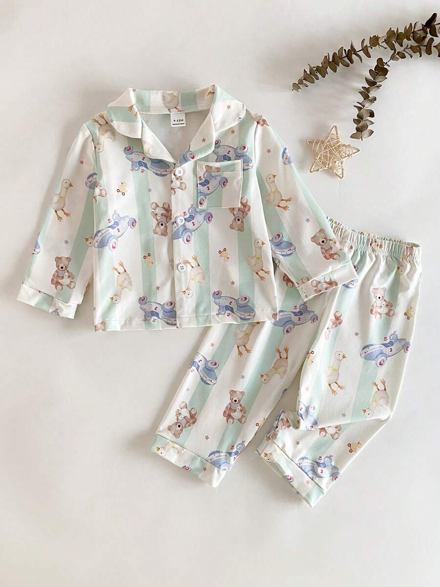SHEIN Bộ đồ ngủ 2 món cho bé trai, gồm áo dài tay và quần in họa tiết dễ thương, thoải mái. - màu xanh lá - Xem 1