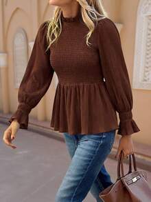 SHEIN Clasi Damen neue elegante plissierte strukturierte Langarm Bluse, geeignet für täglichen Arbeitsweg, Büromode und vielfältige Anlässe, Frühlings-Karnevals-Kostüm für Damen, Oster-Sommer-Urlaubstag, elegantes Geschenk für Mutter, Festival, Stranddate Nacht - Kaffeebraun - Übersicht 9
