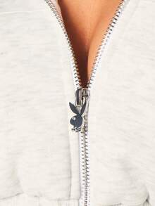 Missguided x Playboy 洛杉矶超大款短款全拉链连帽衫，带抽绳和粉色图案，休闲家居服 - 淺灰色 - 查看 6