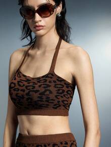 Breezaya Petite Women's Leopard Print Halter Tie Top And Mini Skirt Knit 2-Piece Outfit, Suitable For Dates And Outings - Brown - View 7