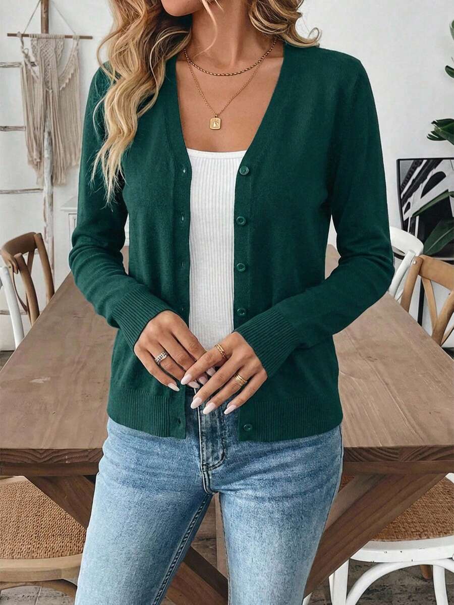 女士休闲日常办公通勤简约纯色纽扣前开衫，秋季款 - 墨綠色 - 查看 1