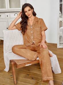 新款女士仿刺绣印花短袖长裤开衫睡衣套装，春夏款 - 彩色 - 查看 6