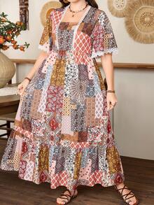 Lacomfia Women's Elegant Minimalist Fashion Bohemian Style Vintage Resort Floral Ruffle Sleeve Dress Patchwork Dress Bohemian Dress For Women Women Summer Dress Cottagecore Dress - Multicolor - View 6
