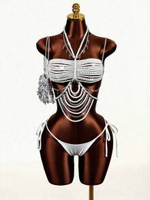 Sirith Conjunto de bikini con parte delantera anudada y espalda descubierta con cuentas de cristal para vacaciones de verano en la playa para mujer - Blanco - Ver 2