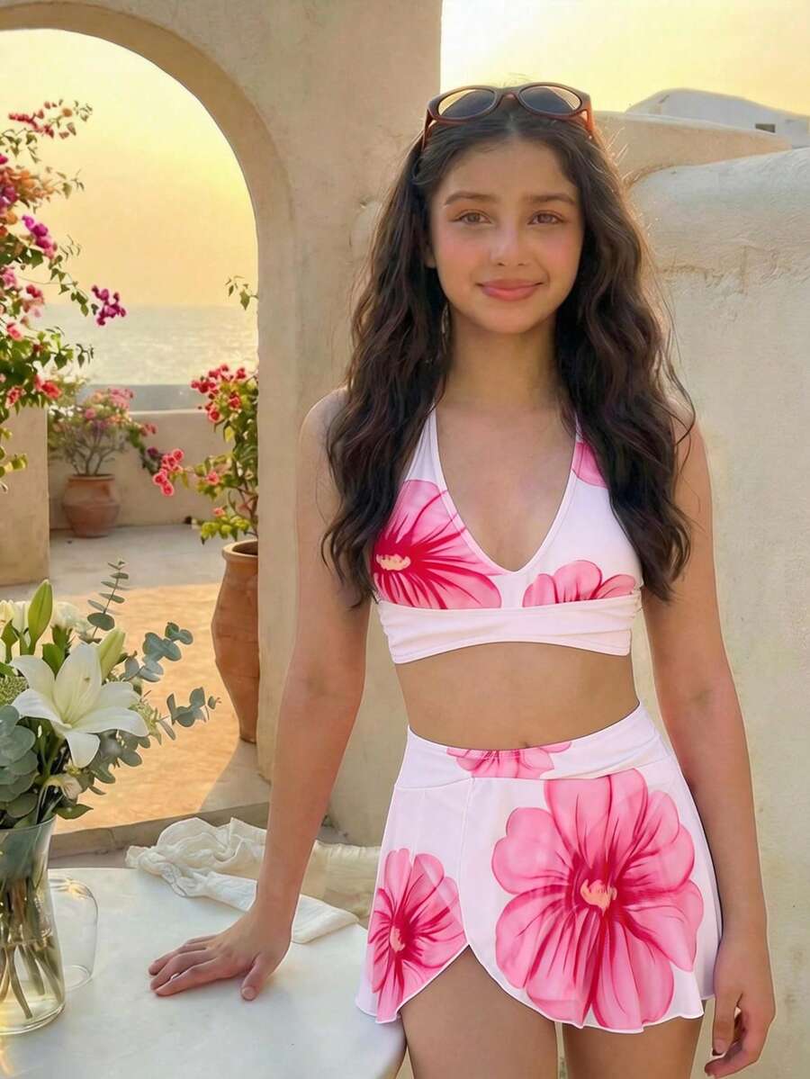 SHEIN Tween Girl Floral Print Halter Neck Swimwear Set, Beach Vacation - Multicolor - View 1