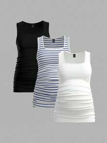 Modmama 3pcs/Set Maternity Round Neck Pleated Casual Versatile Daily Wear Tops - Multicolor - View 3