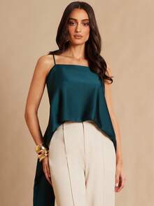 Silquee 纯色橄榄绿细肩带露背优雅性感成熟女士吊带背心，适合浪漫约会、郊游、海滩度假、通勤、新年、圣诞节、情人节、日常穿着。 - 墨綠色 - 查看 3