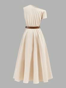 Firerie Kids Đầm chữ A màu kaki thanh lịch dành cho bé gái tuổi teen, thích hợp mặc đi làm hàng ngày, kiểu dáng bất đối xứng vai, có thắt lưng. - Màu Khaki - Xem 2