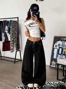 Muchica Women's Black Jeans, Low-Rise Wide-Leg Pants, Angel Wing Pattern On The Back, Y2K Style, Music Festival Outfit, Summer Pants. - Black - View 5