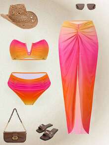 Swim Oasis 女款粉橘色抹胸泳衣套裝，附網紗長裙與純色泳褲，夏季休閒海灘度假穿搭套裝 - 彩色 - 查看 1