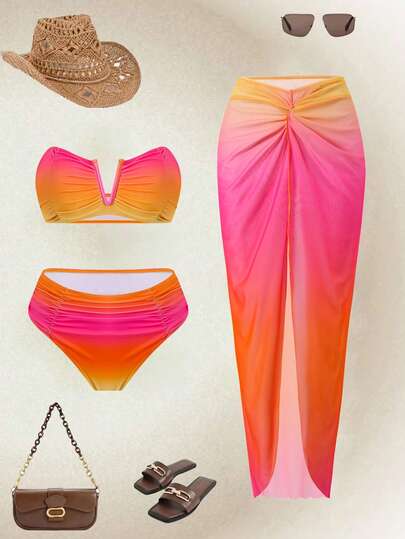 Swim Oasis Bộ đồ bơi nữ mùa xuân/hè 2026 màu trơn kiểu áo quây, quần bơi và váy maxi lưới, thích hợp cho kỳ nghỉ biển.