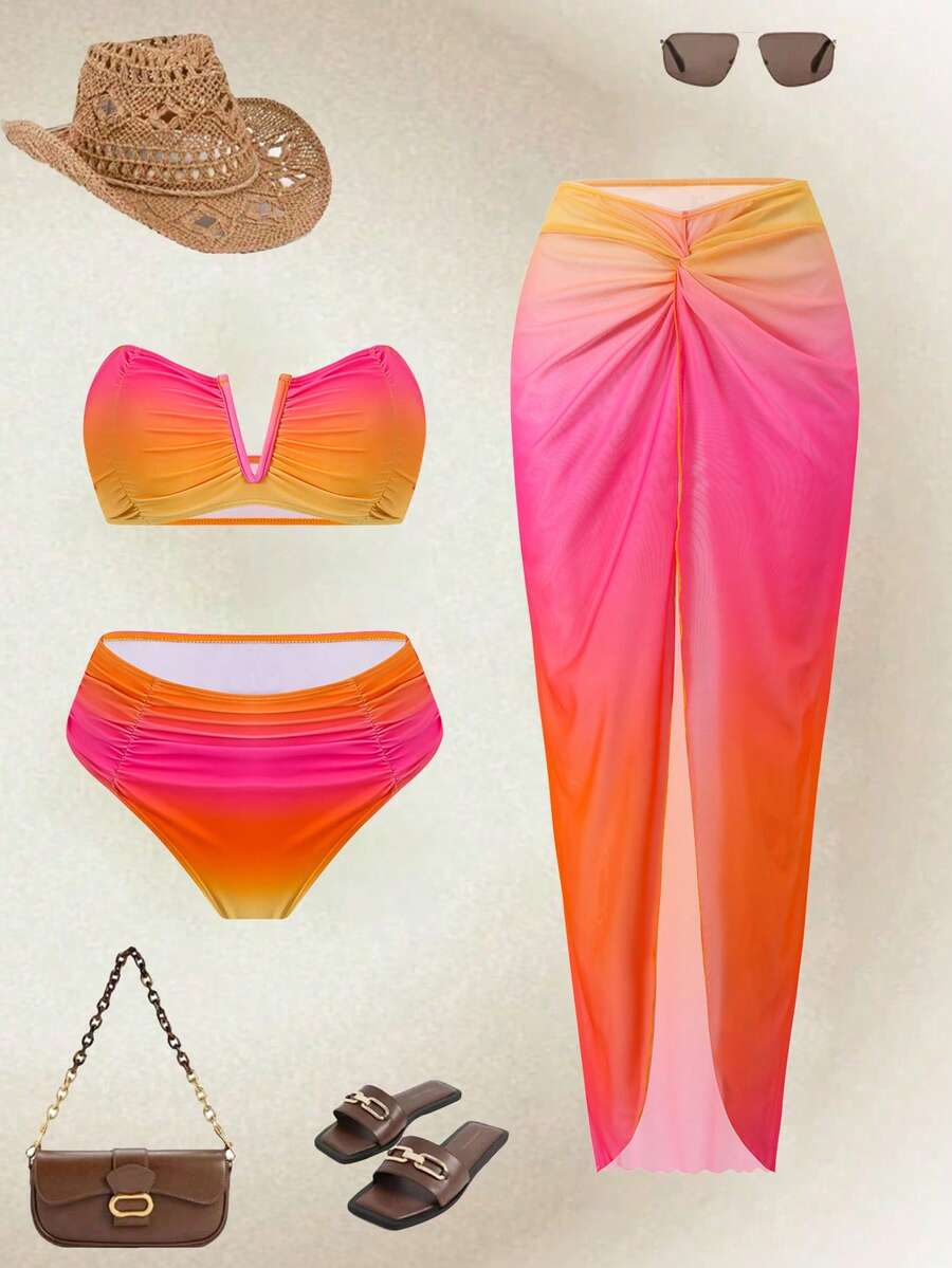 Swim Oasis 女款粉橘色抹胸泳衣套裝,附網紗長裙與純色泳褲,夏季休閒海灘度假穿搭套裝 - 彩色 - 查看 1