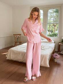 Snug Reverie Conjunto de pijama de mujer con mangas cortas, estampado de burbujas, puños y dobladillo con volantes - Multicolor - Ver 4