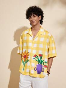 Felipe Marques 男士花卉格纹印花撞色短袖宽松衬衫，黄色格纹休闲衬衫，适合海岛度假、派对、波西米亚风、秋冬季穿着 - 彩色 - 查看 3