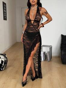 Coolane 女士春夏街头风度假穿搭外出音乐节大学生复古时尚性感派对撞色蕾丝荷叶边弹力舒适黑色V领吊带吊带裙优雅连衣裙 - 黑色 - 查看 4