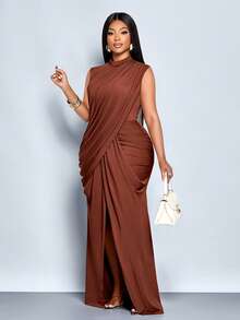 SOLERSUN 大码女装时尚经典纯色修身优雅立领无袖高开衩及大腿连衣裙，多种打结、褶裥设计，毕业礼服、舞会礼服、万圣节礼服、派对礼服，简约通勤日常百搭，适合返校季、毕业季、新年、跨年夜、秋季、春季、夏季穿着。 - 咖啡棕 - 查看 5