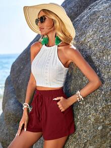 Travachic 女士夏季休闲纯色抽绳腰短裤 - 紅色 - 查看 3