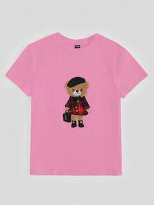 Briarwyn 休闲卡通针织圆领短袖修身女式T恤 夏季商务休闲女式纯棉印花T恤 粉色 - 粉色 - 查看 9