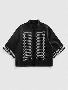 ROMWE MEN Street Life Men's Summer Casual Rivet & Embroidery Detail Zip-Up Denim Short Sleeve Shirt - Black - View 1