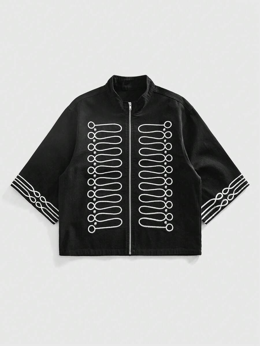 ROMWE MEN Street Life Men's Summer Casual Rivet & Embroidery Detail Zip-Up Denim Short Sleeve Shirt - Black - View 1