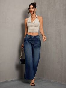 SHEIN ICON Women's Casual Washed Flare Leg Jeans, Suitable For Vacation, Daily Wear, And Commuting - Blue - View 3