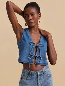 Travachic Women's V-Neck Front Tie Fashionable Denim Vest - Medium Wash - View 4