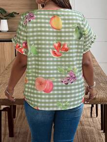 Weeklong Green Plaid Fruit Print Dopamine Vacation Shirt - Plus Size, Puff Sleeve With Ruffle Trim, Versatile For Casual/Office Wear (Spring & Summer) - Multicolor - View 2
