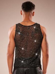 FeverCity Men's Mesh Sheer Glitter Round Neck Sleeveless Tank Top - Black - View 2