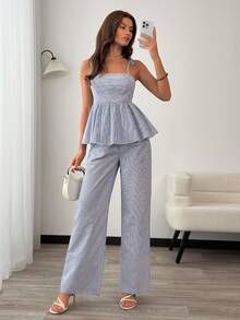 EURMUSE Bộ đồ hai mảnh kẻ sọc dành cho nữ gồm áo hai dây peplum buộc dây và quần ống rộng cạp cao cùng màu, thích hợp mặc hàng ngày. - Xanh và trắng - Xem 4