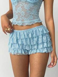 Aloruh Quần short nữ gợi cảm phong cách Punk Rock Bohemian Y2K với ren đen xếp nếp ở gấu quần, quần short cạp siêu thấp bằng ren mới. - Màu xanh lam - Xem 4