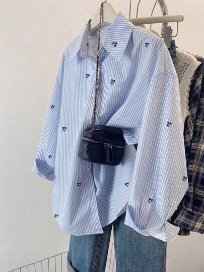 Summer Tops 1pc Tween GirlsTurndown Collar Long Sleeve Buttoned Striped Shirt With Embroidered Front Graphic, Casual Blouse For Autumn Oversized Shirts Striped Blue Shirt Girls Cherry Shirt Preppy Shirt