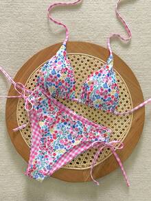 Swim Mod Conjunto de bikini de 2 piezas con top de cuello de halter y Bottom de triángulo con lazo lateral, estilo dulce y lindo para mujer, para verano - Multicolor - Ver 1