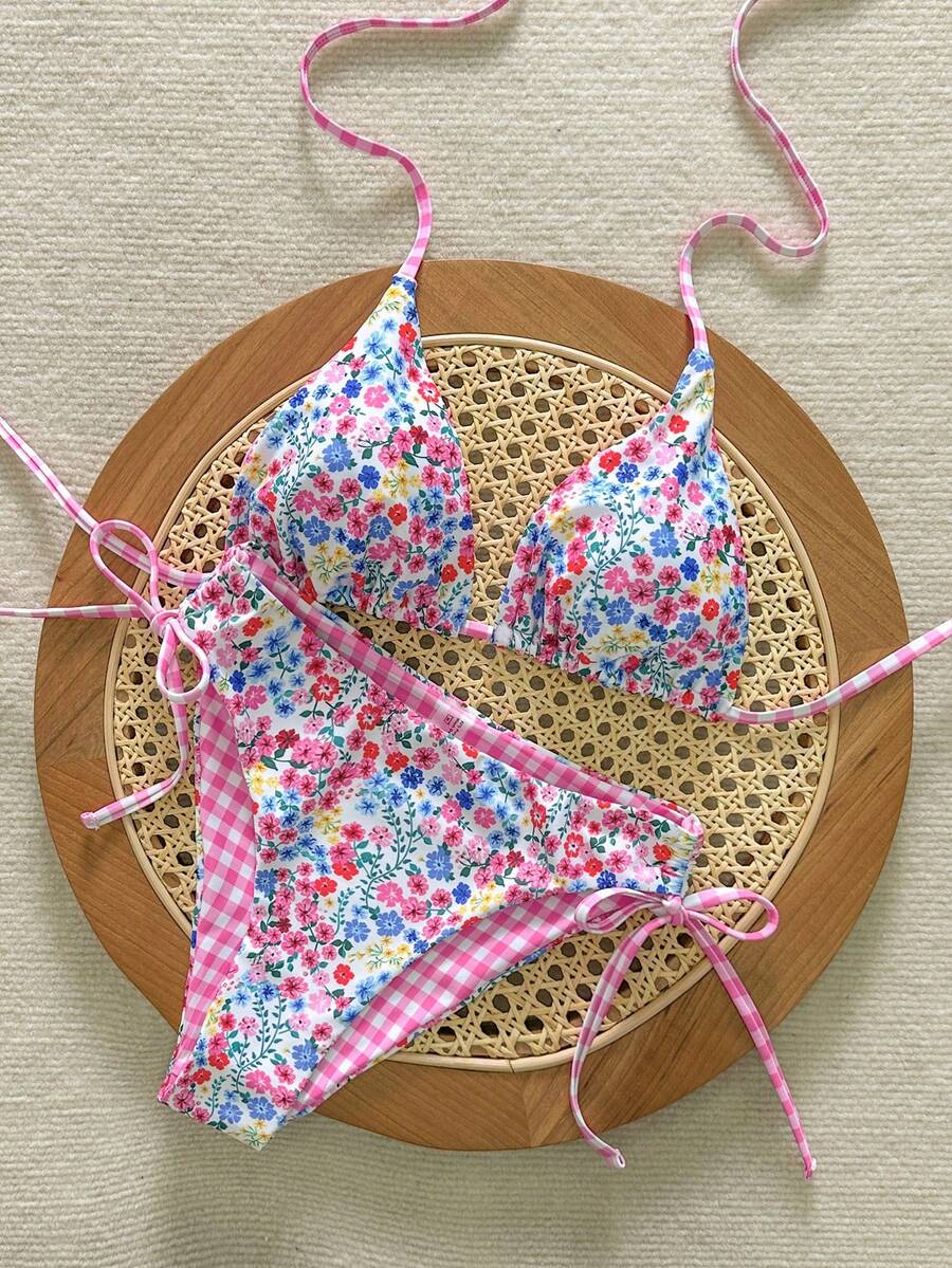 Swim Mod Conjunto de bikini de 2 piezas con top de cuello de halter y Bottom de triángulo con lazo lateral, estilo dulce y lindo para mujer, para verano - Multicolor - Ver 1