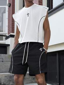 PAVTROS Men's Cross Pattern Round Neck Tank Top And Drawstring Waist Shorts Set - Black - View 3