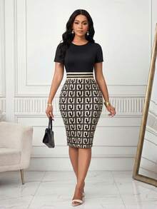 SHEIN Lady 女士几何印花圆领短袖修身优雅中长连衣裙 - 彩色 - 查看 5