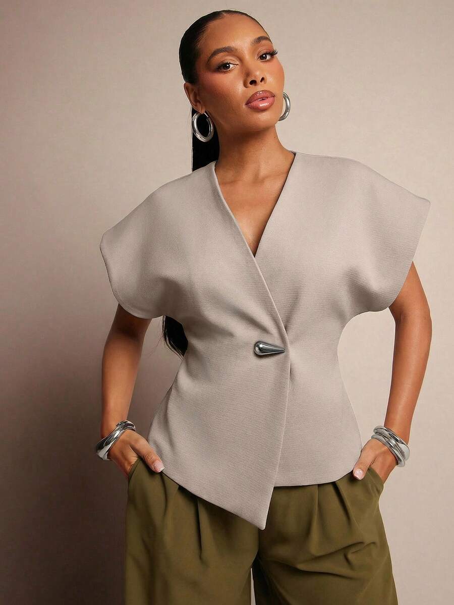 Vixey Solid Textured Woven Asymmetrical Hem Single Button Waistcoat Top - Light Grey - View 1