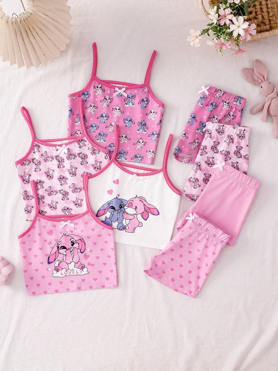 SHEIN GraphicGems 8pcs/Set Girls Minimalist Fashion Pink & White Sweet Heart Lash Polka Dot Print Camisole & Shorts Underwear Set - Multicolor - View 1