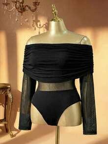 Rometta Body negro manga larga acuchillada con hombros descubiertos talla grande para mujer - Negro - Ver 2