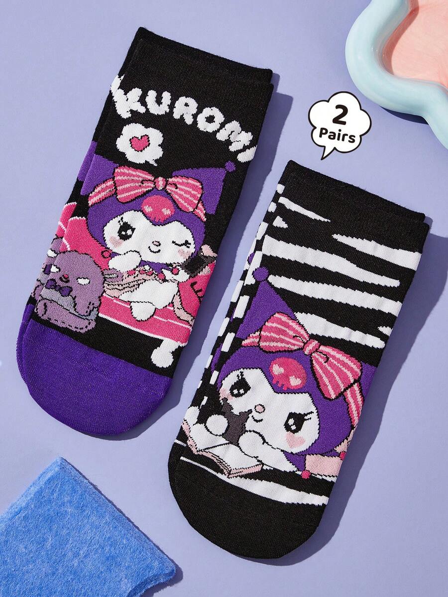 HELLO KITTY AND FRIENDS | SHEIN 2Pairs Soft & Breathable Moisture-Wicking Casual Zebra Stripes Women Ankle Socks With Fashionable And Cute Cartoon Black Short Socks Reinforced Toe & Heel For Durabiliy All Season All-Match Summer Winter,Graphics Socks - Nhiều màu - Xem 1