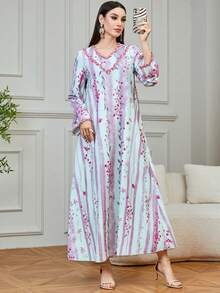 Al Najma 女士碎花休闲连衣裙，宽松版型，适合日常穿着和度假 - 粉色 - 查看 3
