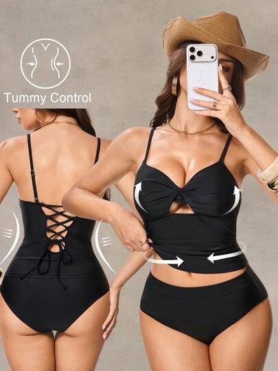 Shapewave Conjunto de bikini de tankini negro para mujer con fruncido lateral y tirantes cruzados en la espalda, traje de baño de 2 piezas de moda para vacaciones en la playa