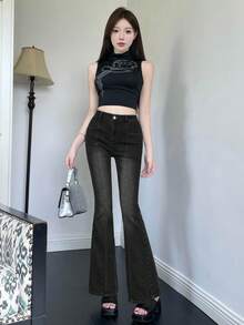 DAZY 女士时尚水洗口袋喇叭牛仔裤 - 黑色 - 查看 4