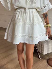 DAZY Chân váy chữ A phối ren, cạp chun, kiểu dáng nữ tính, thích hợp cho mùa xuân/hè. - trắng - Xem 5