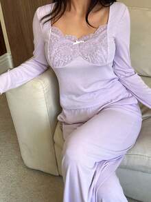 DAZY Charming Lace Patchwork Soft Knit Women Pajama Set - Purple - View 3