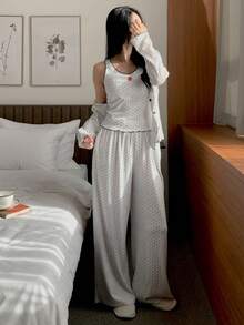 DAZY 3pcs/Set Strawberry Polka Dot Print Women Pajama Set - Grey - View 7