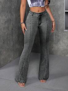 SHEIN ICON Pantalones acampanados de mezclilla lavada de moda callejera para mujer - Gris Oscuro - Ver 3