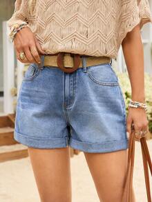 Breezaya 女士时尚翻边口袋牛仔短裤 - 藍色 - 查看 1